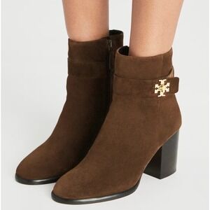 Tory Burch Size 6.5 Brown TURNLOCK HEELED Suede Ankle Boots NEW Gold Logo $499